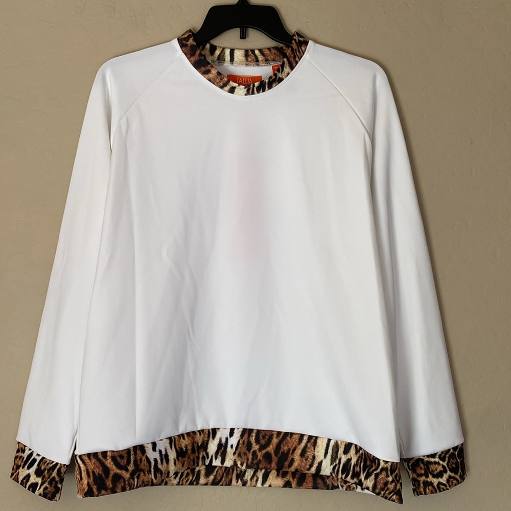 Tallia sport, XL, white long sleeve pullover with leopard print detail